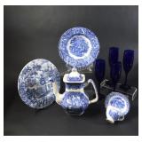 Blue & White Tea Pot, Plates, Cup & Saucer