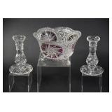 Cut to Clear Cranberry Footed Bowl & Candle Sticks