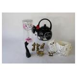 Cat Lovers Tea Pot, Brass Figurines & Wine Glass