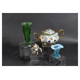 Bone China Tea Pot, Hobnail Fenton & Glass Vase