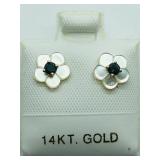 14K Yellow Gold, Blue Diamond, Pearl Earrings