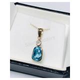 10KT Gold Blue Zircon & Diamond Pendant Necklace