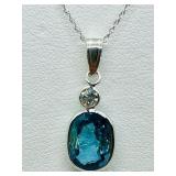 14K White Gold, Blue Zircon Diamond Necklace