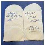 1891 & 1921 .7734oz Silver Morgan Dollars