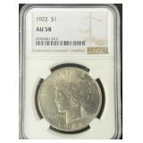 1922 0.7734oz Peace Silver Dollar AU 58