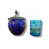 2pc Cobalt Blue Glass Jar & Peacock Blue Glass