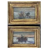 Antq 2pc Morel Troyka Horses Painted on Copper
