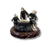 Meiji Pd Okimono Bronze Sculpture 3 People Meal