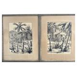 2pc Paula Brown Wash Drawings St. John