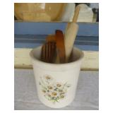 Stone Ware Kitchen Crock with Wood Utensils