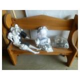 Wood Doll Bench & Porcelain Collectibles