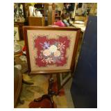 Antique Mahogany & Embroidery Screen Stand