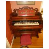 Vintage New England Organ Co Wood Organ & Stool