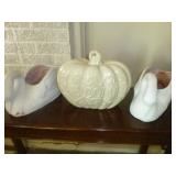 Vintage Ceramic Swan Planters & Welcome Pumpkin