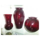3pc Vintage Red Ruby Glass Vases