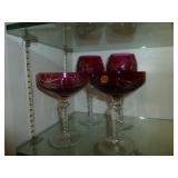 4pc Czech Cut to Clear Cranberry Glass Stem Ware