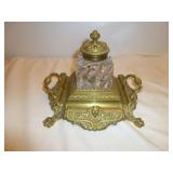 Antique Ornate Brass & Glass Ink Well