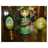 Russian Hand Painted Wood Nesting Doll & Wood Eggs