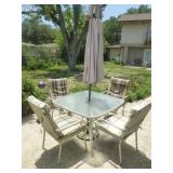 Glass Top Patio Table Set w/ Umbrella & 4 Chairs