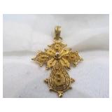 14k Gold & Cultured Pearl Filigree Cross Pendant