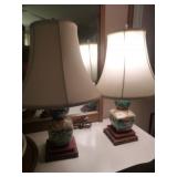 Pair of Wood Base Porcelain Asian Accent Lamps