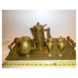Vintage Brass Tray, Tea Kettle, Cups & Coffee Pot