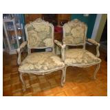 Pair of Carved Wood Brocade Side Arm Chairs