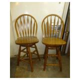 Pair of Wood Fan Back Swivel Bar Stools