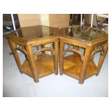 Pair of Classic Hexagon Wood & Glass End Tables
