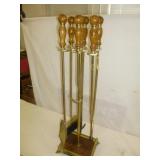 Heavy Brass & Wood Fireplace Tool Set w/ Stand