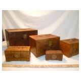5pc Antique Hand Carved Asian Cedar Nesting Boxes