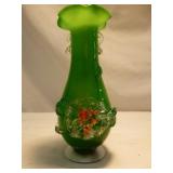 Pinch Top Applied Design Green Art Glass Vase