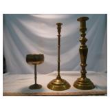 3pc Vintage Large Brass Candlesticks & Goblet