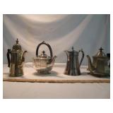 4pc Silver Plate & Hammered Pewter Vintage Teapots