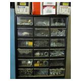 Large Metal Shop Organizer Bin with Contents