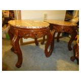 Marble Top Ornate Carved Wood Base End Tables