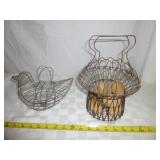 2pc Vintage Wire Egg Baskets & Wooden Eggs