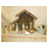 Vintage Porcelain Figure Wood Manger Nativity Set
