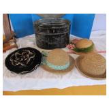 Vintage Metal Hat Box & 4 Vintage Lady's Hats
