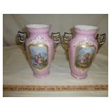 2pc Hand Painted Gilt Old Paris Bucolic Scene Vase