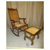 Antique Carved Wood Cane Seat Rocker & Foot Stool