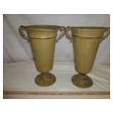 Pair of Speckled Beige Metal Urn Planters