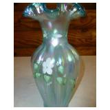 Fenton Green Iridescent Hand Painted Melon Vase