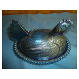 Blue Iridescent Carnival Glass Chicken on Nest