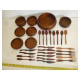 Mid Century Teak Wood Salad Set with Flat Ware