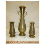 3pc Ornate Brass Pitcher Vase & Vases