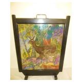 Vintage Needlepoint Wood & Glass Fireplace Screen