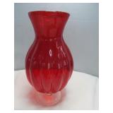 Ruby & Clear Ribbed Glass Footed Vase