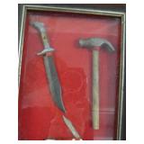 Wood Shadowbox with Mini Hammer & 2 Knives