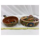 2pc Vintage Mexico Red Ware Oval Bean Pot & Bowl